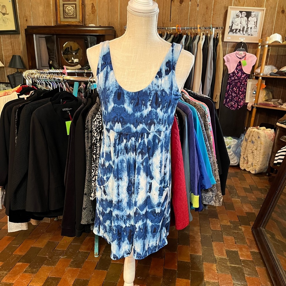 J Valdi size SMALL blue tie dye mini DRESS with front pockets 2008